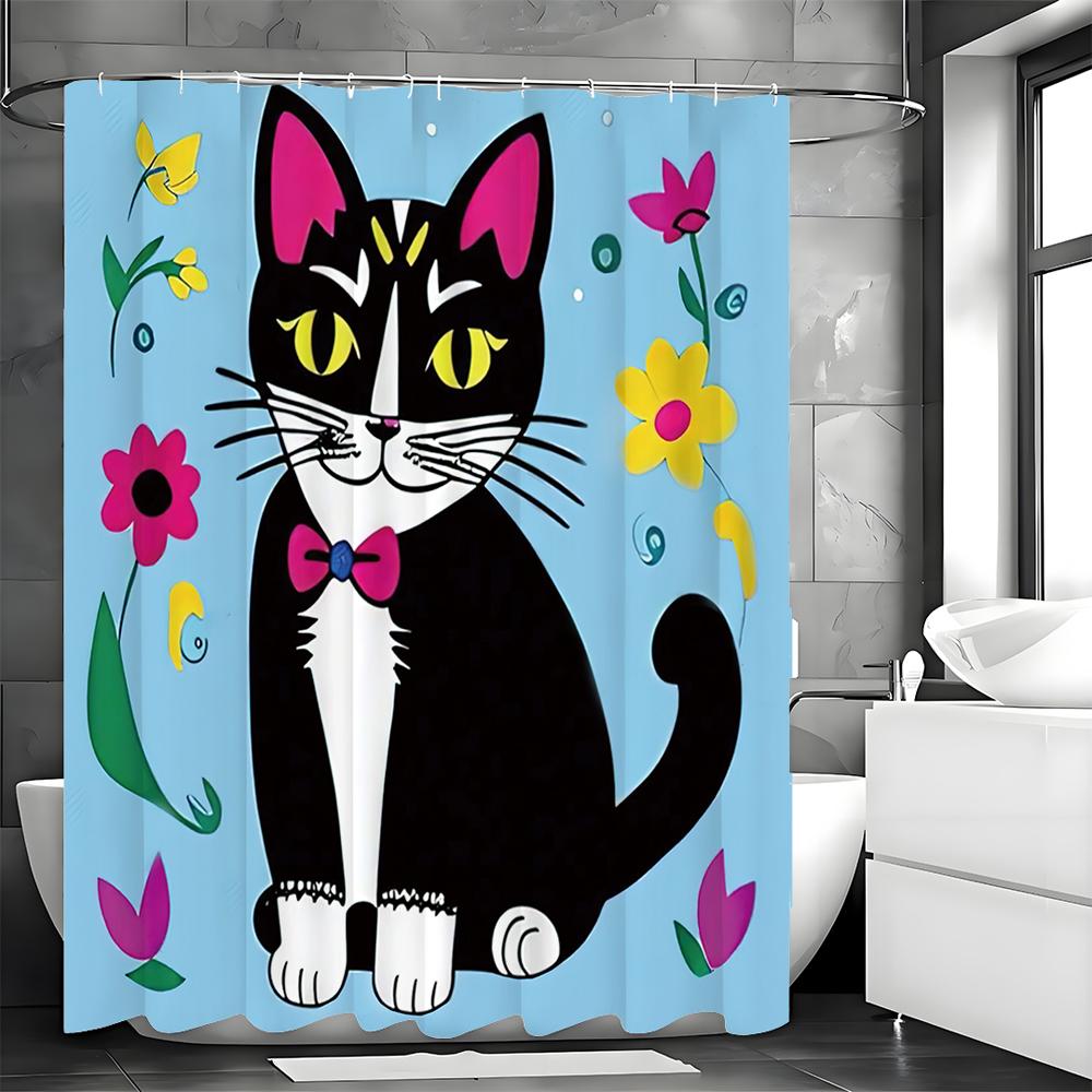 Cartoon Black Cat Floral Shower Curtain, Bathroom Decorative Shower Curtain, Waterproof Shower Curtain with Hooks
