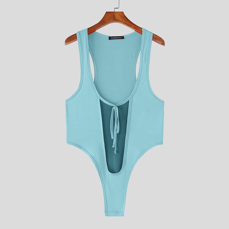 INCERUN Men Sleeveless Deep U Neck Mesh Patchwork Bodysuits Jumpsuits Rompers