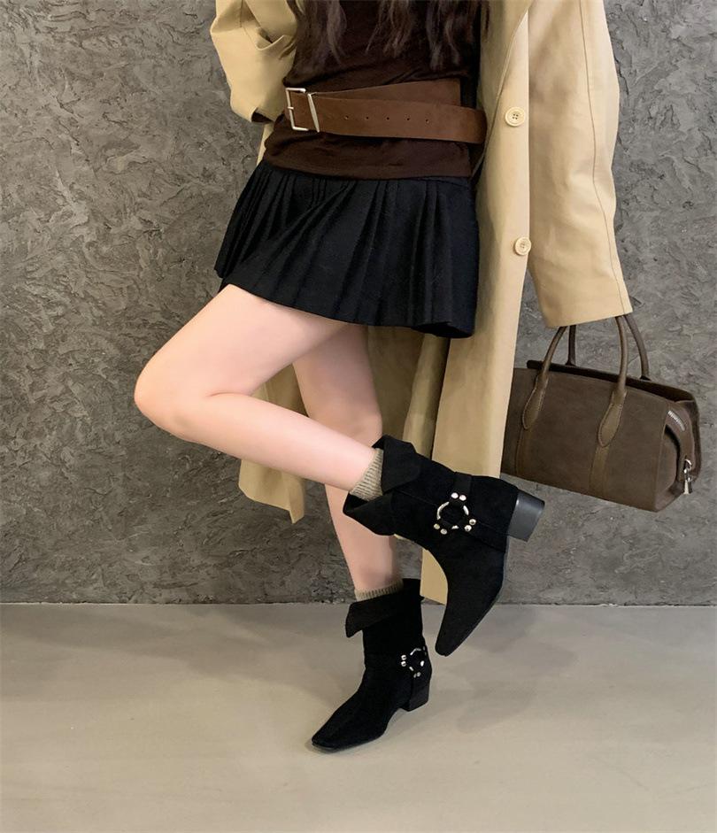 2025 autumn new French retro low heel square head two wear lapel western cowboy boots women's fashion belt buckle