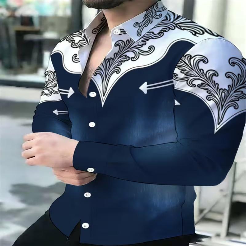 Men's Luxury Long-Sleeve Shirt, Black and White 3D Printed Button Casual Shirt, Fashionable Slim Fit Party Top