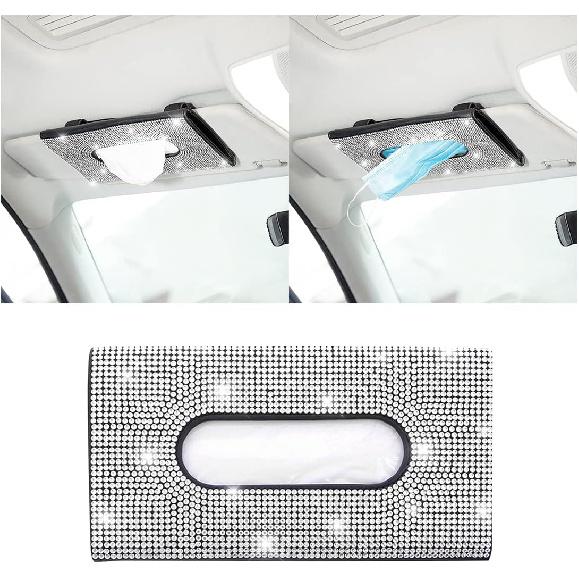 Bling Car Sun Visor Tissue Box Holder, Rhinestone PU Leather Crystal Sparkling Napkin Holder, Backseat Paper Towel Cover Case Car Accessories for