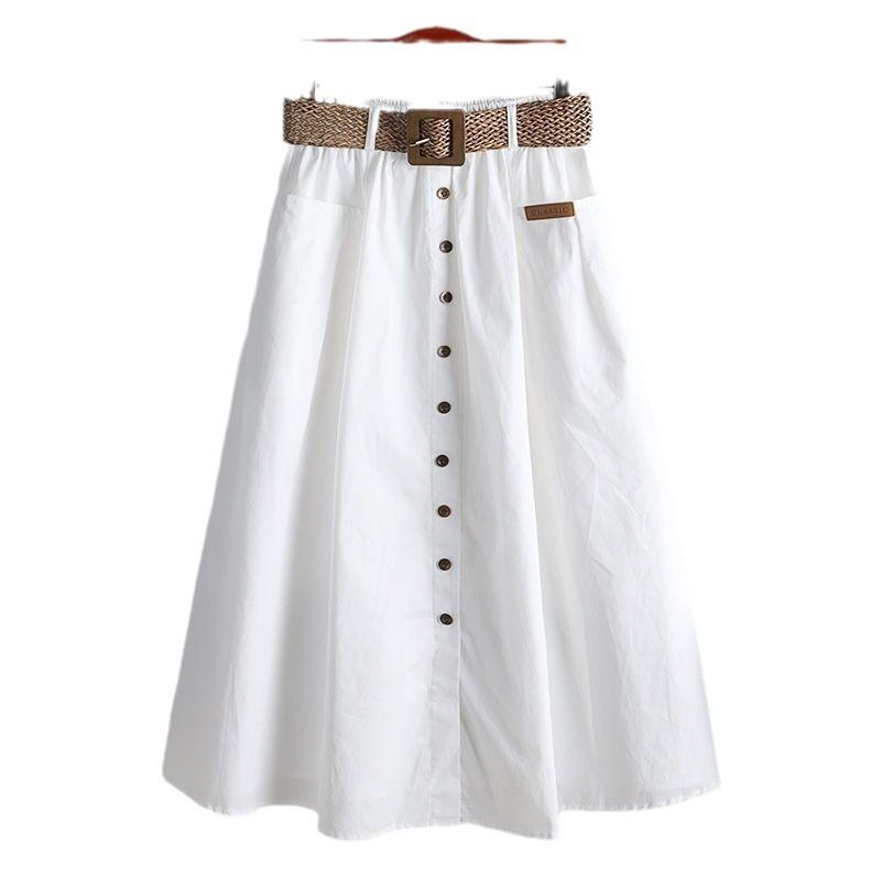 2024 Spring/Summer Korean Style Elastic High Waist A-Line Midi Skirt with Large Pockets and Slit