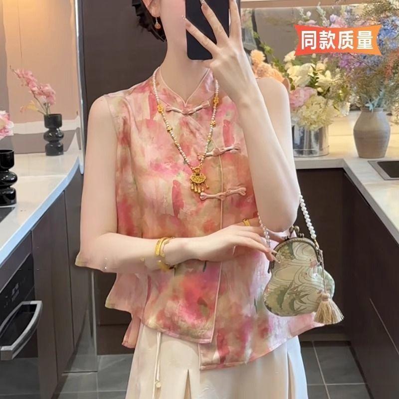 

Pink wind print shirt shirt sleeveless shirt summer new button shirt shirt M [Recommended below 50kg] розовый