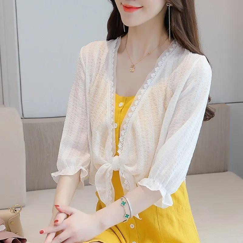 Dámské šifonové topy Letní svrchní krátká bunda s ochranou proti slunci s košilkou Šálová sukně Tenký kardigan Móda mimo košile