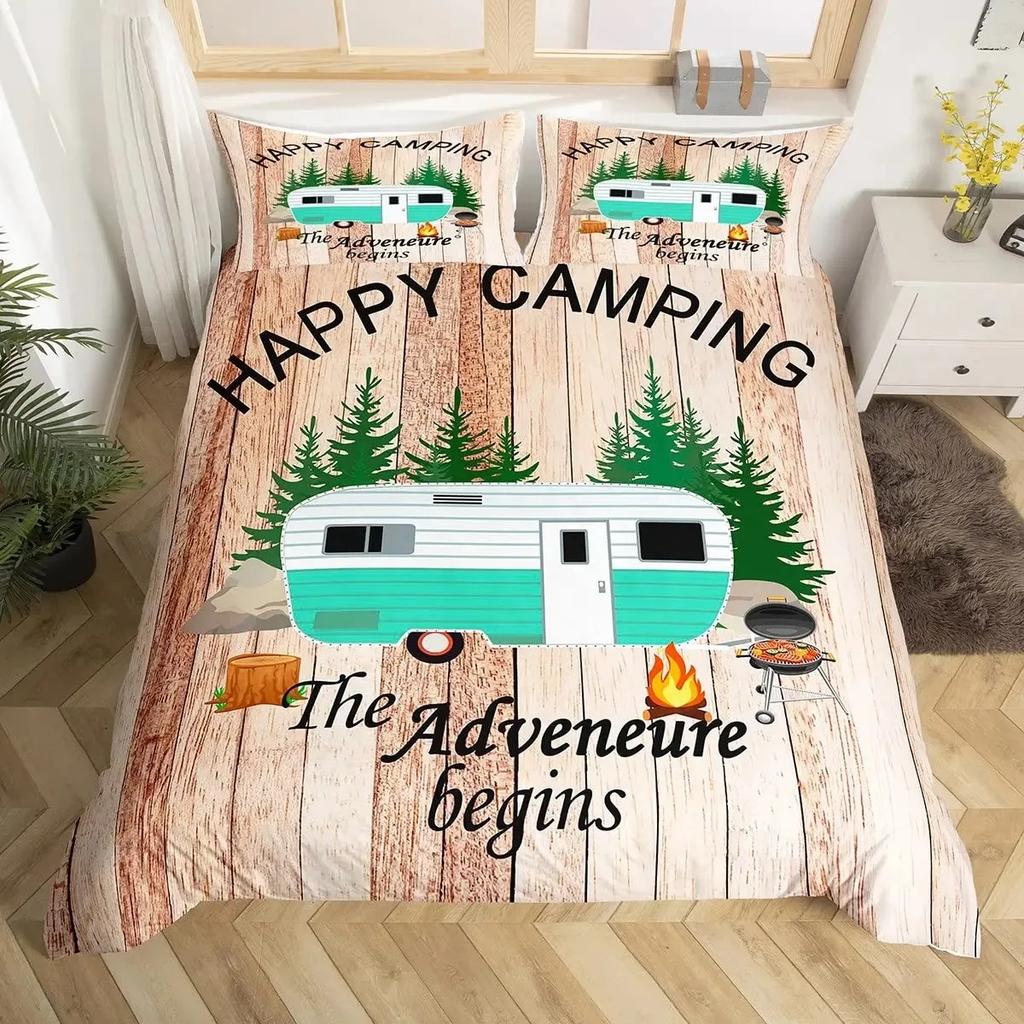 Happy Camping Bettbezug-Set Camper Bettdeckenbezug Vintage Alte Scheunentür Bettwäscheset Cowboys Holz Bauernhausstil Tagesdecke