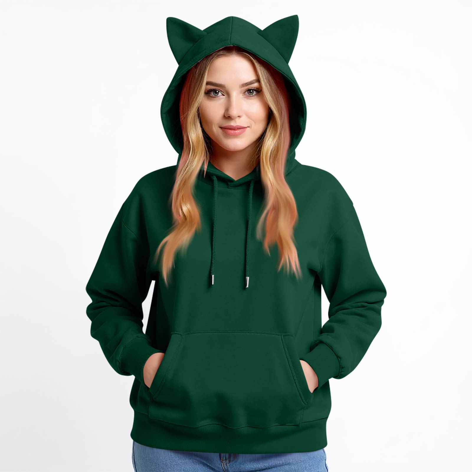 

Women s Casual Oversized Solid-Color Pocket Long-Sleeve Cat-Ear Hoodie M