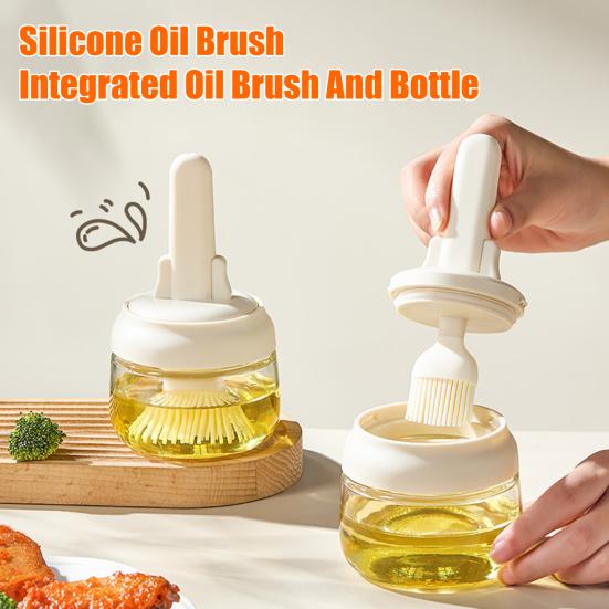 2-in-1 Oil Bottle with Built-In Silicone Brush Leak-Proof Glass Basting Tool for Grilling Baking Frying Heat-Resistant Portable BBQ Accessory