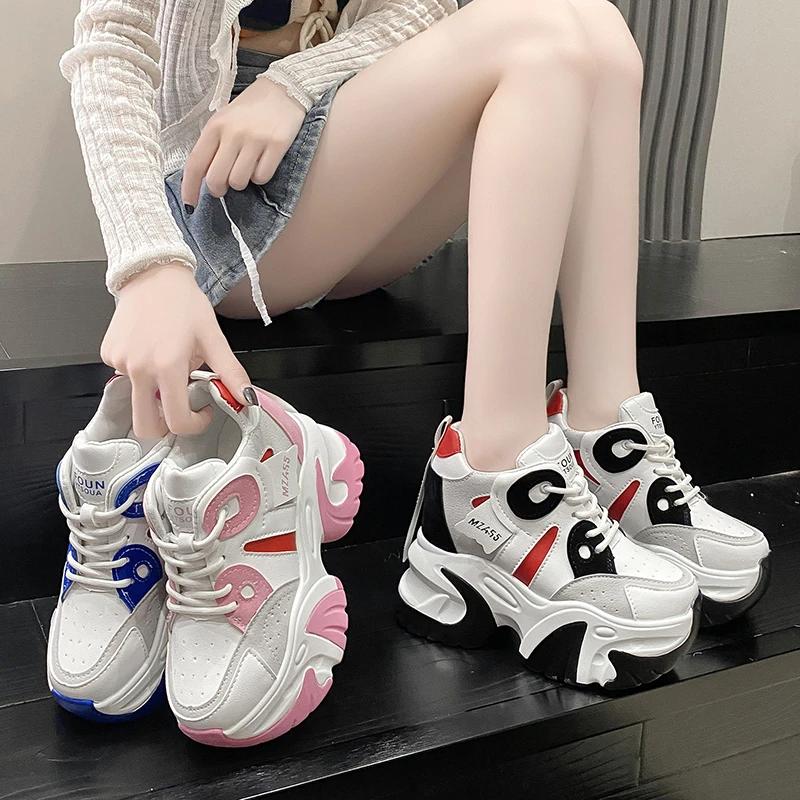 Fashion Women Walking Sneakers 2024 Autumn Lace-up High Platform Chunky Shoes Breathable Leather Shoes 10.5CM Wedge Heels Casual Shoes