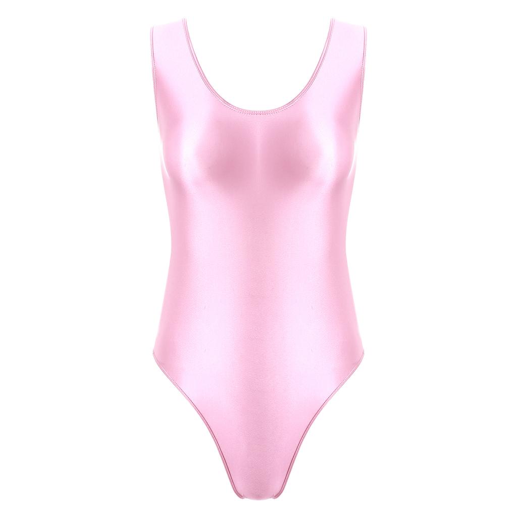 Womens Backless Glossy Bodysuit High Cut Swimwear Sleeveless Leotard for Pool Yoga Sports