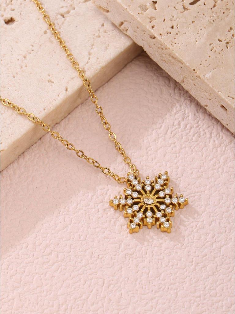 Christmas CNC Snowflake Zircon Pendant Necklace - Non-Fading Titanium Steel Jewelry for Women