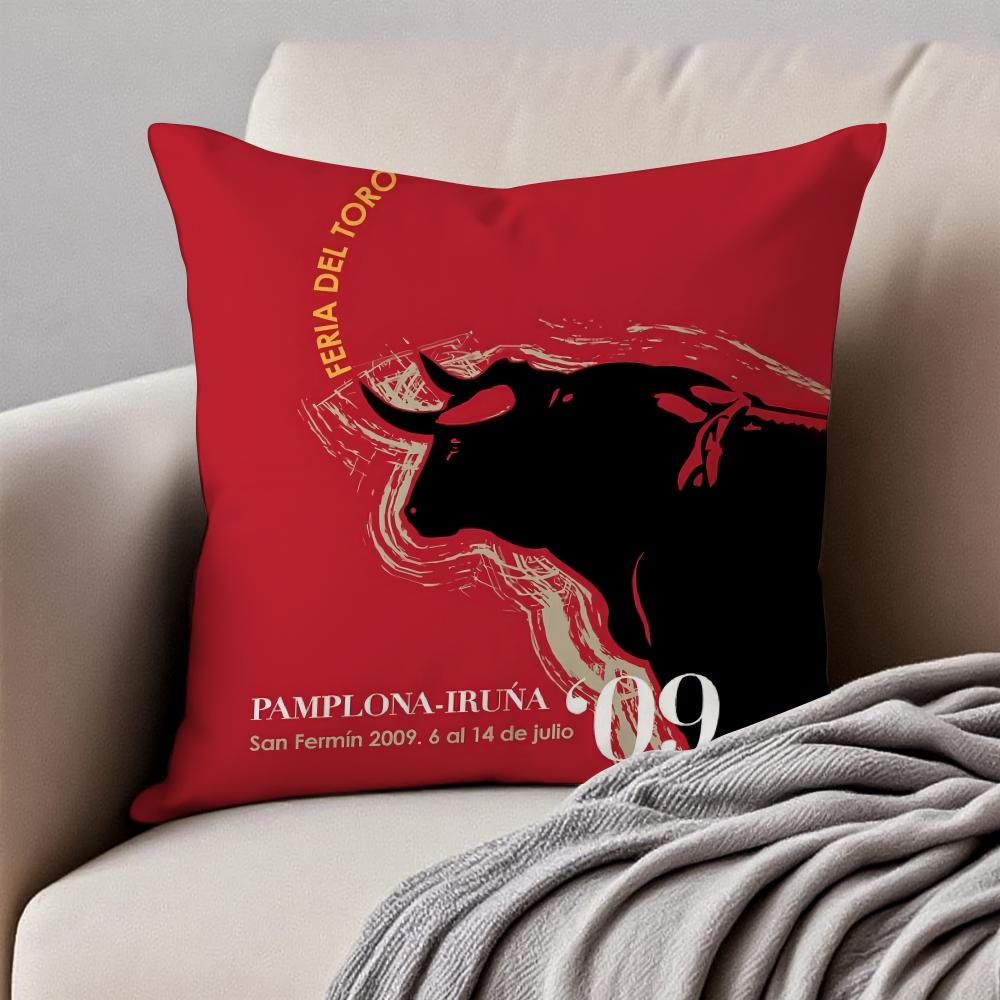 Spanish Running of the Bulls Cushion Cover Pillowcase Antidustmite Invisible Zipper Short Plush Sofa Cushion