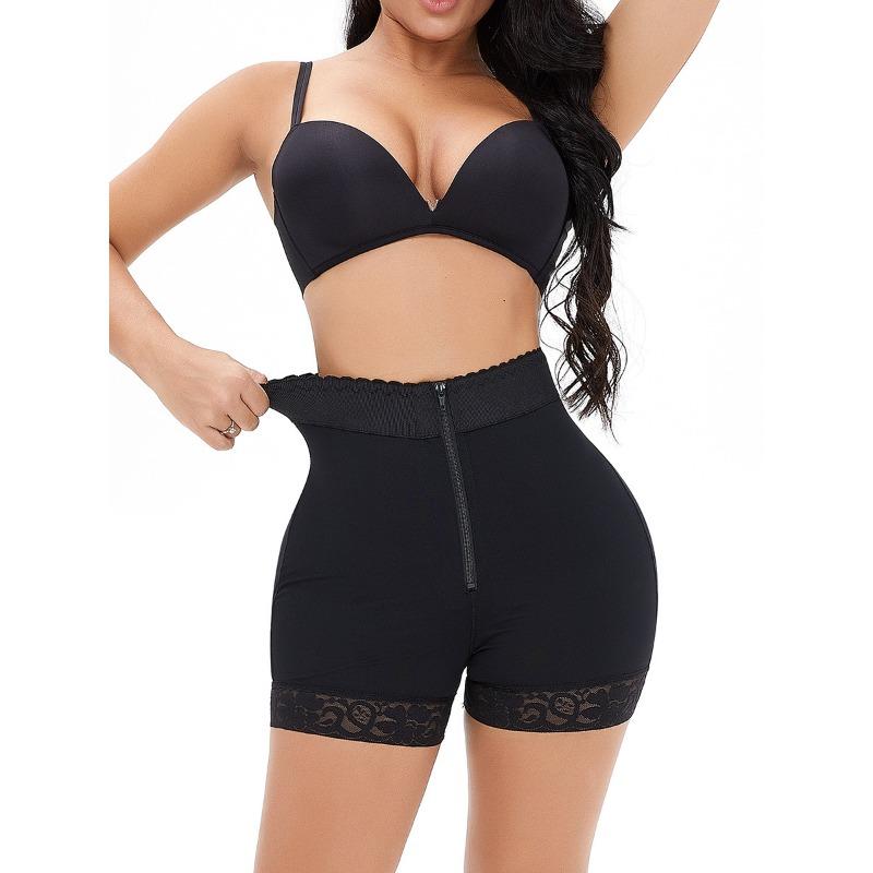 High Waist Zipper Tummy Control Shaper Shorts With Lace Trim S