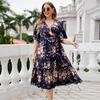 Women Summer Floral Print Casual Dress Short Sleeve V Neck High Waist Large Size Spring Fashion