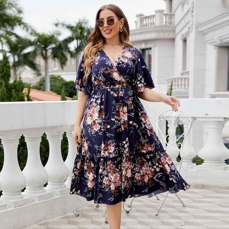 Women Summer Floral Print Casual Dress Short Sleeve V Neck High Waist Large Size Spring Fashion