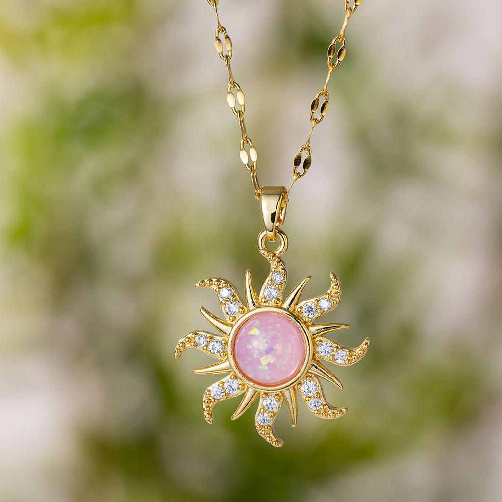 DIEYURO 316L Stainless Steel Pink Sun Flower Zircon Pendant Necklace For Women New Trend Fashion Neck Jewelry Glamorous Gift