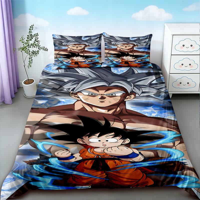 Anime 3pz Copripiumino Dragon Ball Goku Cartone Animato Set Biancheria da Letto Coperta Trapuntata per Bambini Dimensioni Queen King per Decorazione Camera da Letto Regali