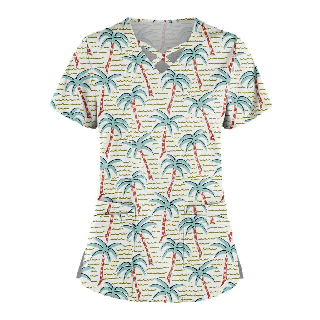 Plus rozmiar śliczny nadruk peeling roboczy jednolite topy dla kobiet krzyżowy dekolt w serek z krótkim rękawem zabawne koszulki odzież robocza Tee z kieszeniami