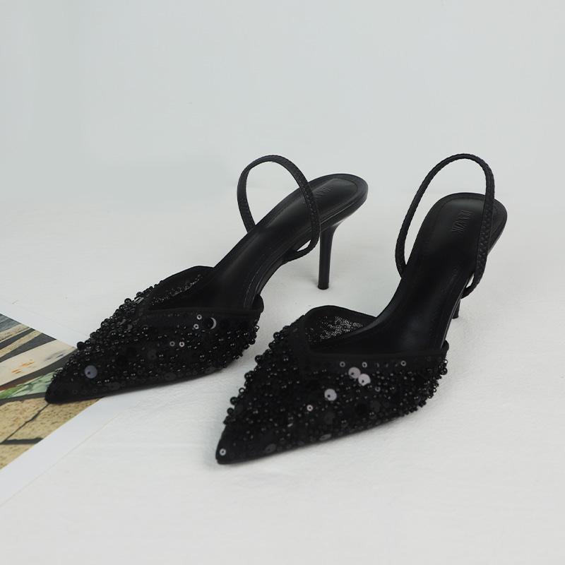 

Мода Элегантная Вечеринка Туфли на Высоком Каблуке Женская Обувь Блестящие Пайетки Бисер Сетка Дизайн Бренда 2025 Лето Шпилька Офисная Леди Роскошные Сандалии 42 чёрный
