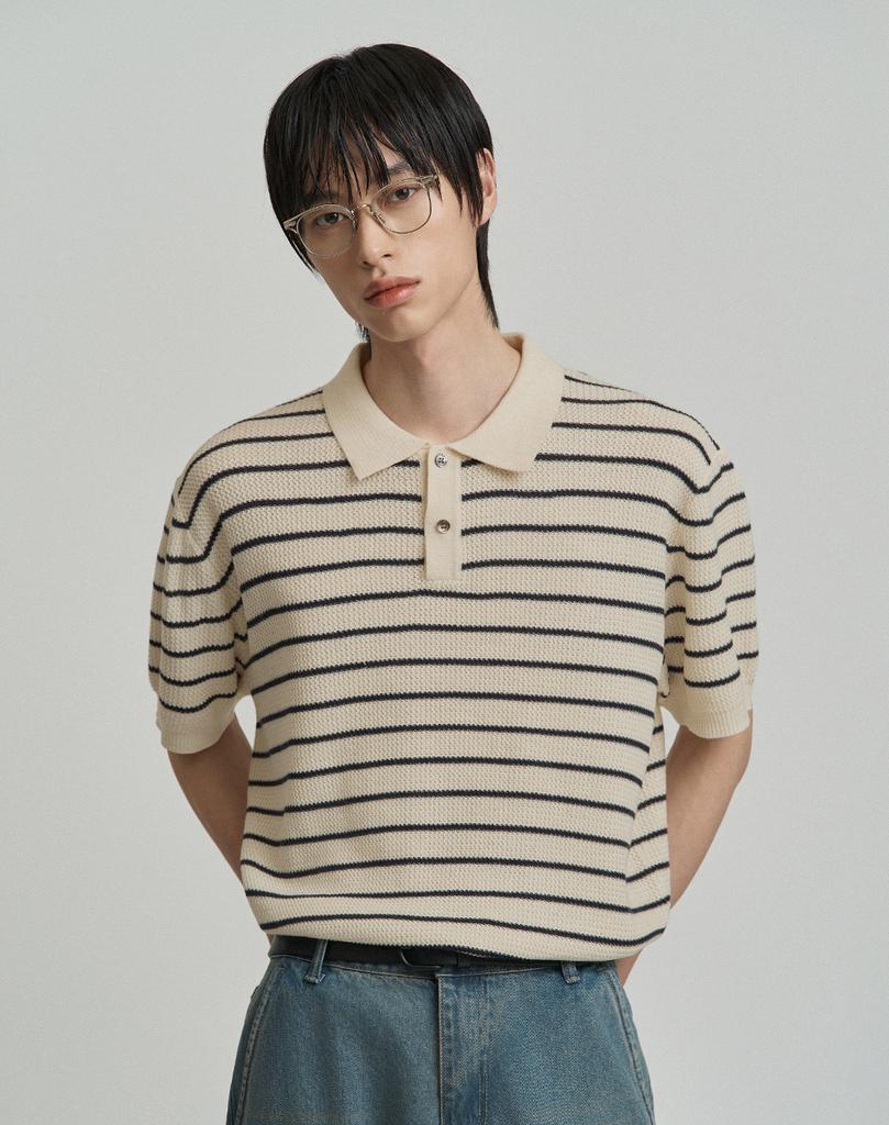 WORK ON BODY OFF Easyon Semi-Overfit Striped / Solid Collared Short Sleeve Knit (5 Colors) (Type A)