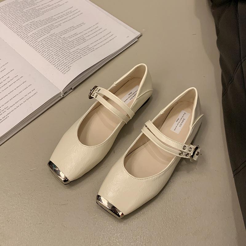Metal Square Head Shallow Mouth Single Shoes Women's 2025 Spring New Retro One-word Belt Mary Jane Soft-soled Small Leather Shoes