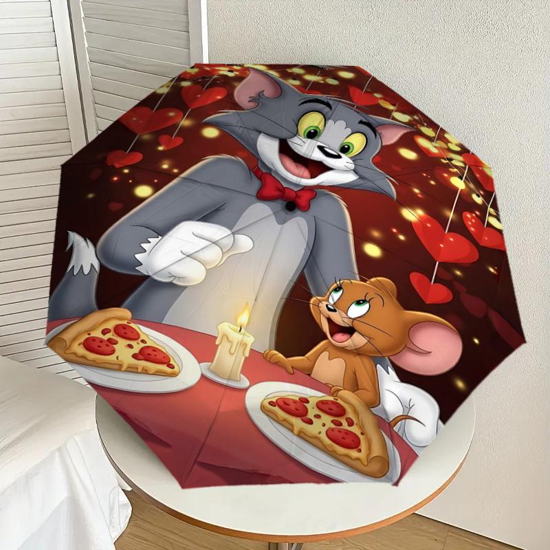 1pc Tom and Jerry Pizza Automatic Open/Close Umbrella Compact Folding Umbrella with 8-Rib Shaft Lightweight Esign, for Women/Men1129A