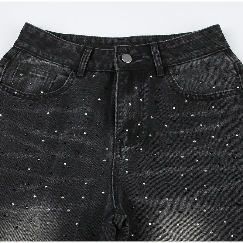 Retro High Waist Loose Fit Rhinestone Distressed Denim Pants Fashionable Casual Trousers Spring Summer New Arrival Women's Jeans