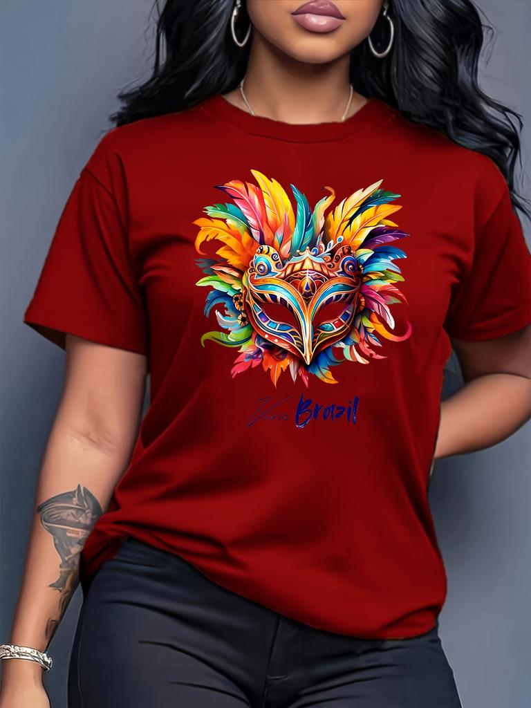 Womens Carnival Short Sleeved Top Viva Brazil Feather Mask Printed Round Neck Tshirt Summer Womens Essential Casual Top