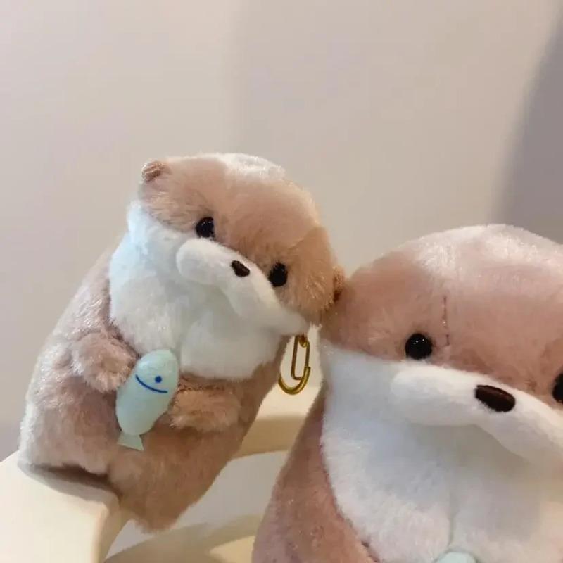 Cute Otters Holding Fish Plush Doll Keyring for School Bag Wallet Keys Lightweight Hanging Props