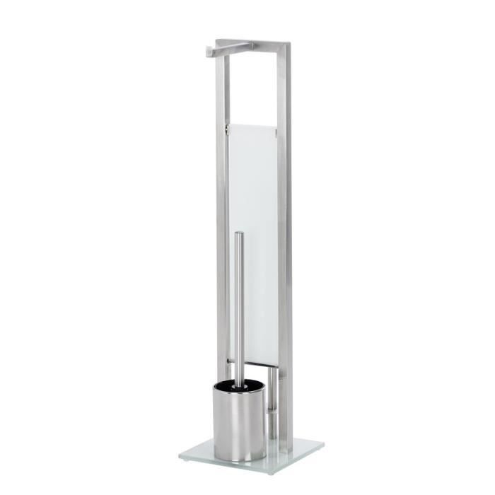 WENKO Serviteur WC 2en1, Rivalta, Brosse WC et dérouleur papier toilette, Acier Inox et verre trempé, 18x70x23 cm, mat