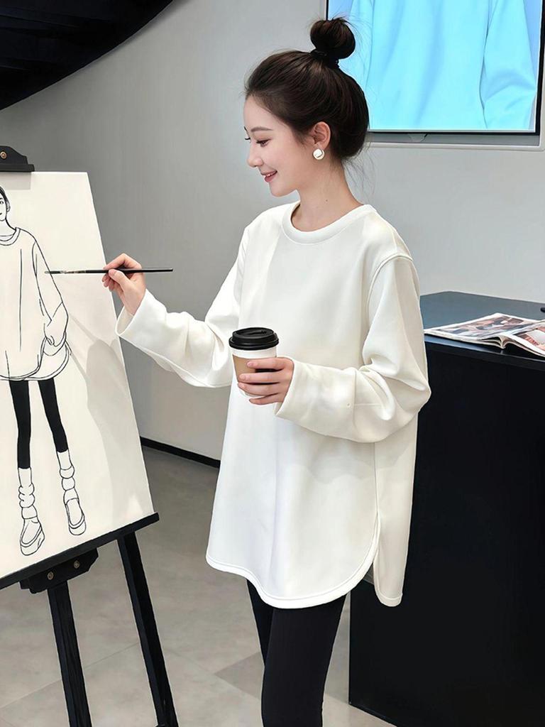 Women's European-Style Long-Sleeve White Base Shirt, Loose Fit, Hip-Length, Pure Cotton, Trendy for Autumn/Winter 2025