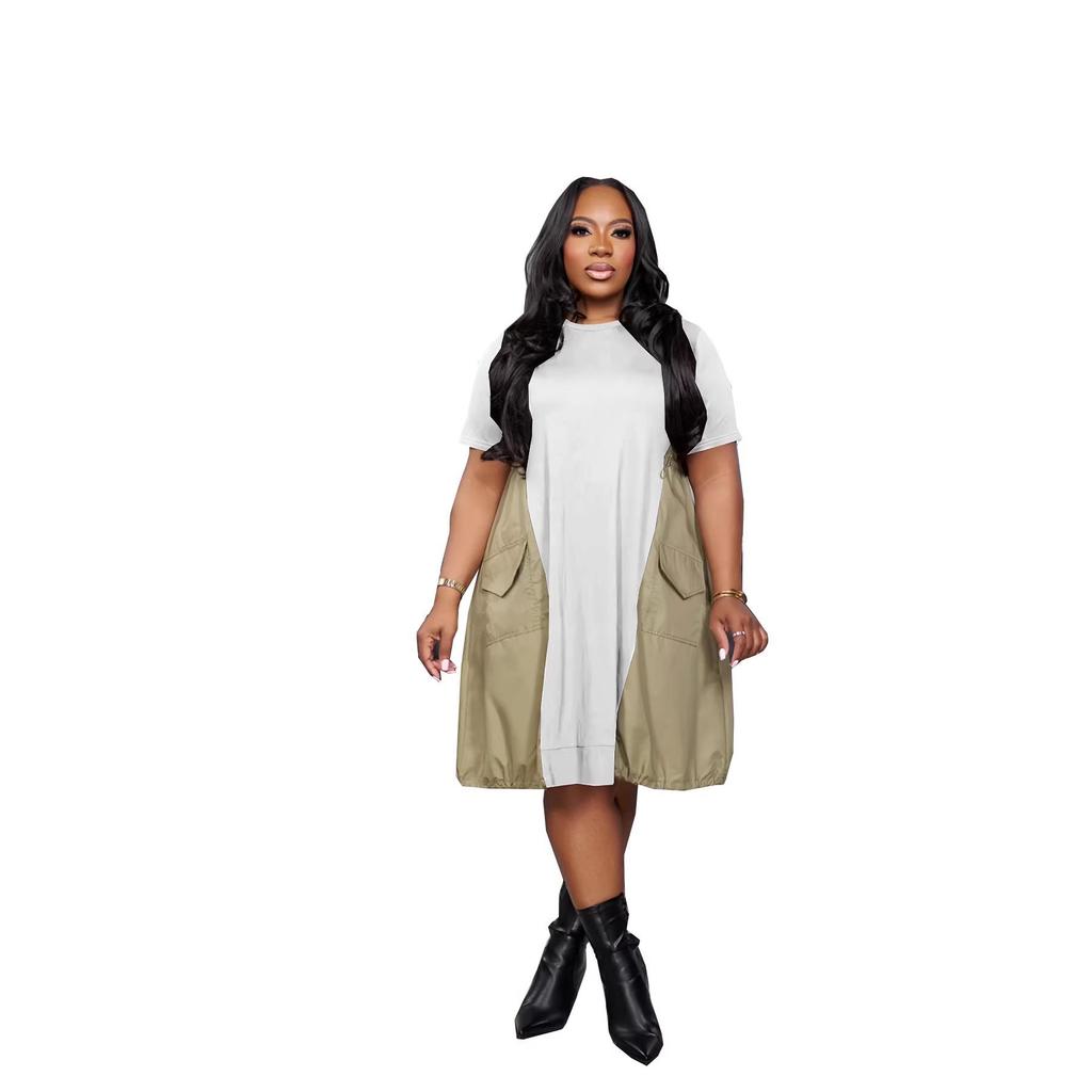 TW667 Summer Plus Size Women's Patchwork Dress - European & American Style, Loose Mid-Length