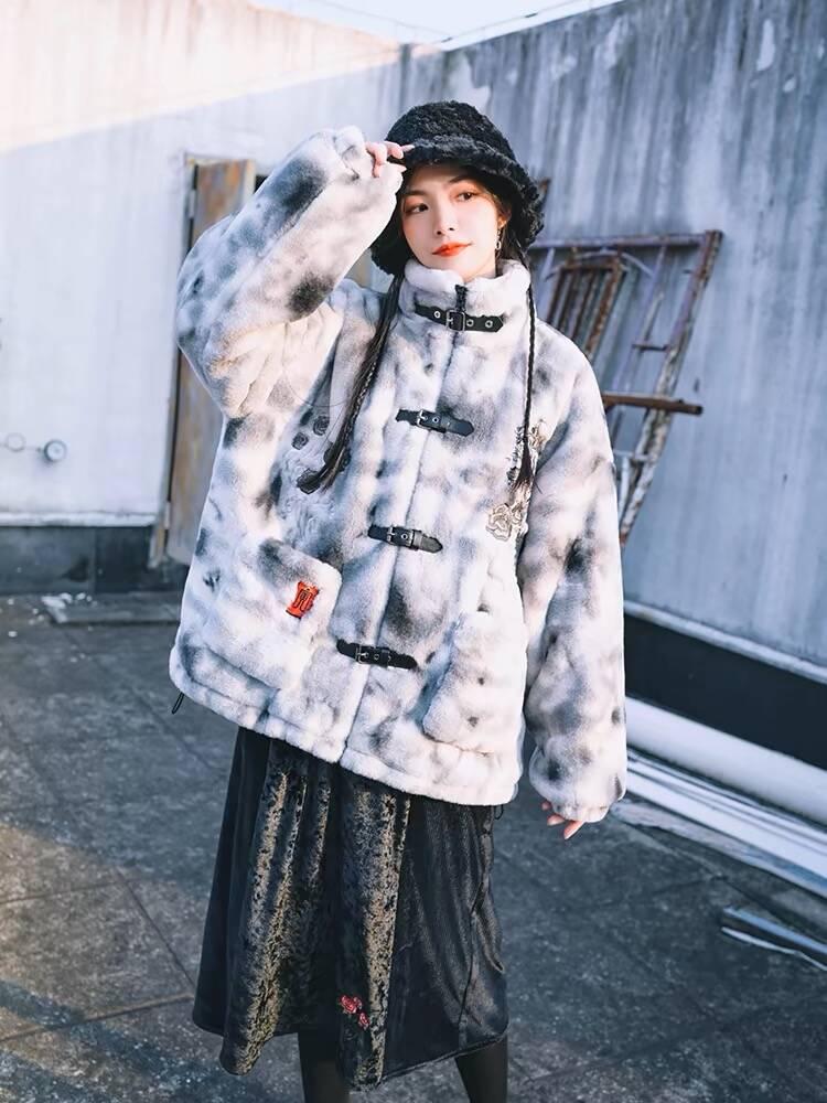 Dark Style Sheyin Faux Rabbit Fur Coat - Quirky Embroidered Stand-Up Collar for Autumn/Winter