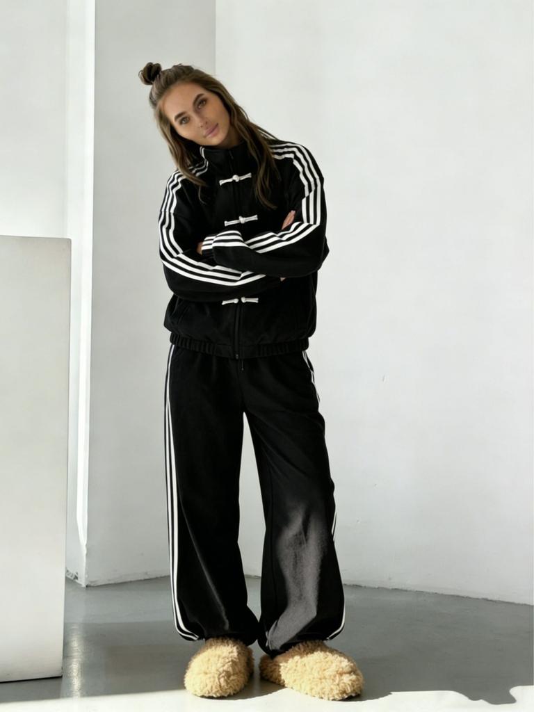 Tuta 2 Pezzi Moda 2026 con Bottone Annodato Giacca Retro con Collo Rialzato Pantaloni Larghi