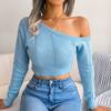 Women's Autumn and Winter Fashion Casual Sexy Hollow Out Strapless Long Sleeve Short Neckless Knitwear Sweater