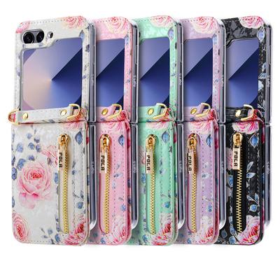 Zipper Crossbody Wallet Cards Slot Flower Case For Samsung Galaxy Z Flip 7 6 Flip 5 4 3 Leather Long Lanyard Strap Cover