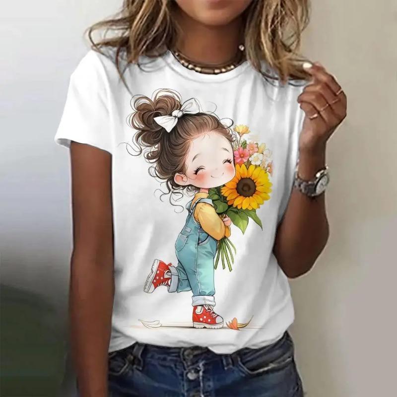 Summer Women's T Shirt Anime Girl Pattern Print Casual Short Sleeve Pullover Fashion Streetwear Cute Girl Tee Female Clothing