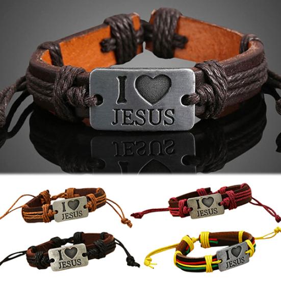 Unisex I LOVE JESUS Faux Leather Bangle Hemp Rope Chain Adjustable Bracelet