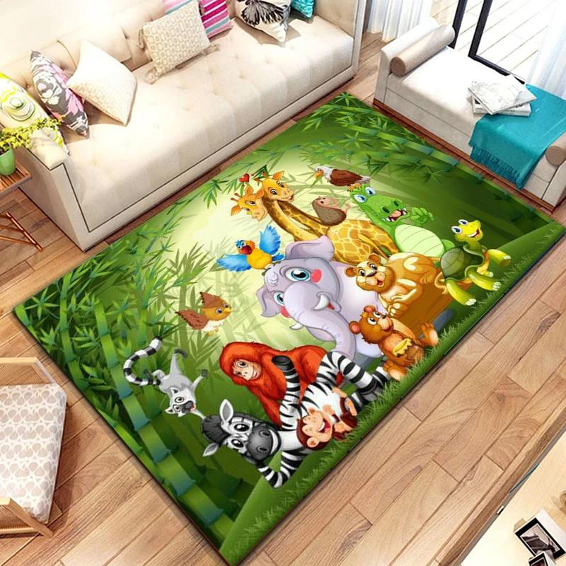 Dzikie Zwierzę Kreskówkowe Dywanik Obszarowy, Dywan ze Zwierzętami Safari Afrykańskiego dla Dzieci, Dekoracja Pokoju Kawaii, Mata Wejściowa, Mata Podłogowa Dzikie Zwierzęta Dżungli