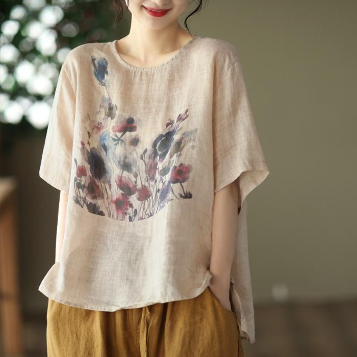 

Printed Text Retro Chinese Style Ethnic Style T-shirt Cotton and Linen Top Women Dark Gray White 3XL хакі