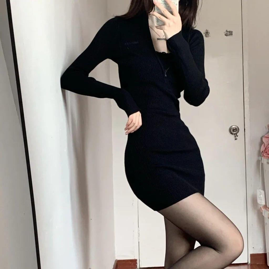 2026 Women's Black Autumn & Winter Hip-Hugging Dress Set