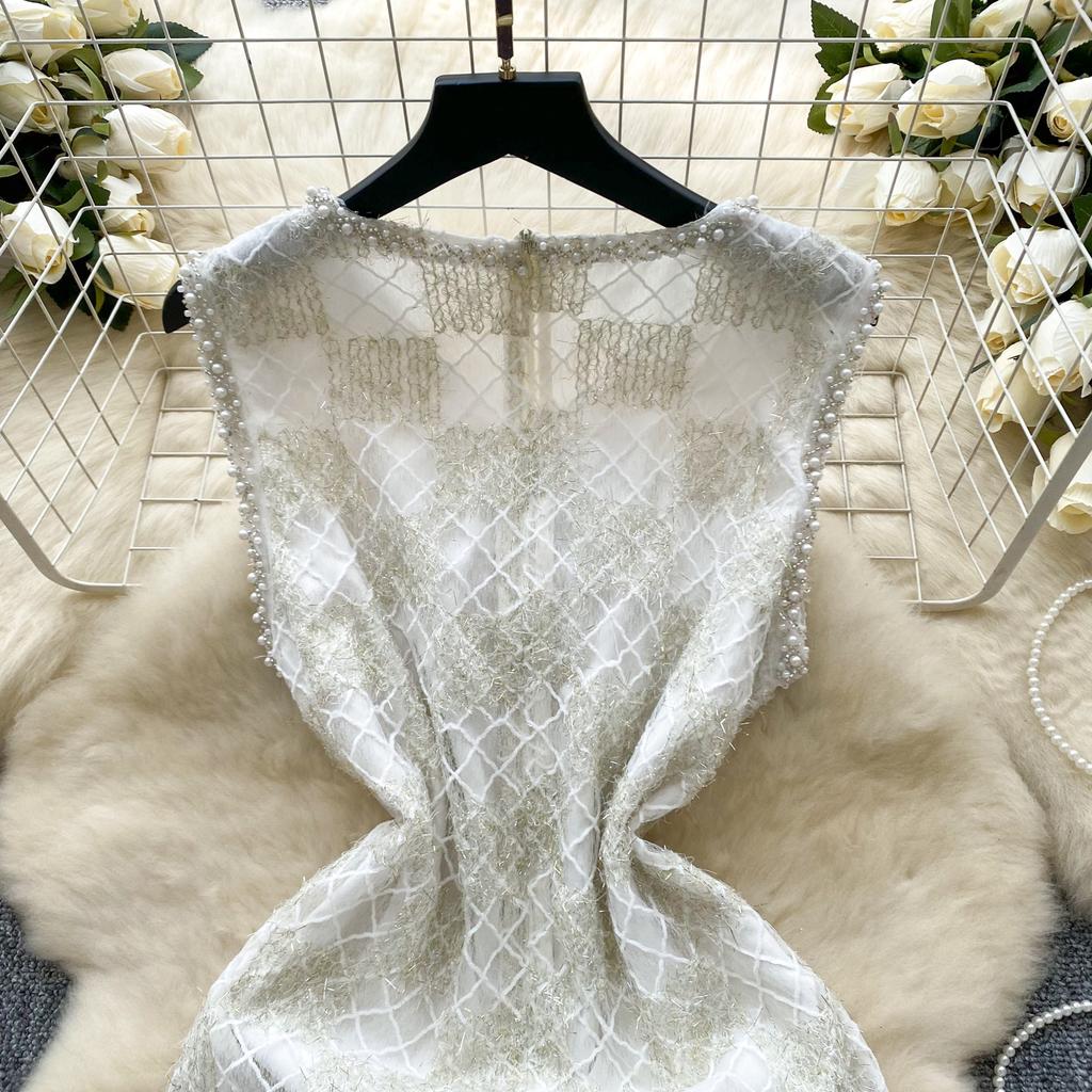 Summer Women Elegant Sleeveless Luxury Beading Plaid Lace Diamond Bowtie Mini Short Fairy Party Pencil Dresses
