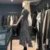 Summer square neck black floral dress with split ends and waist sexy long skirt for women