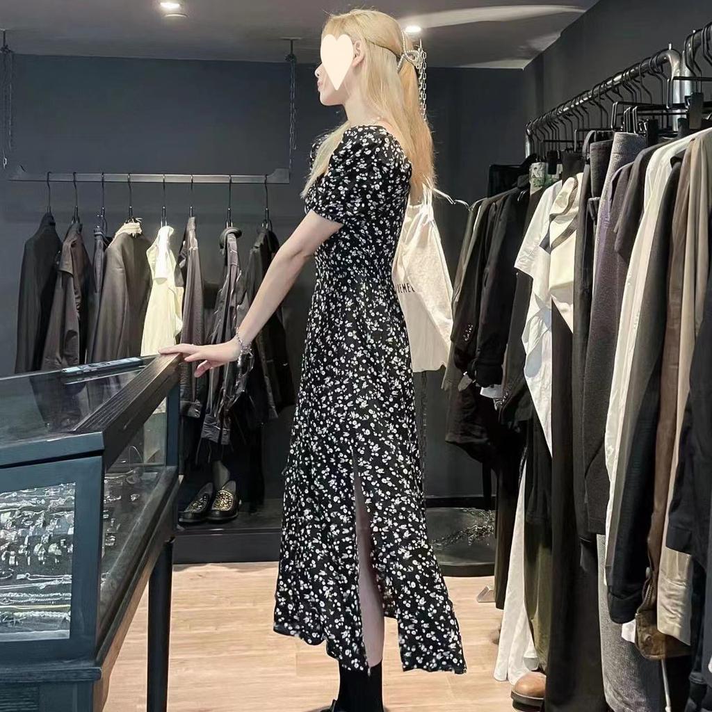 Summer square neck black floral dress with split ends and waist sexy long skirt for women