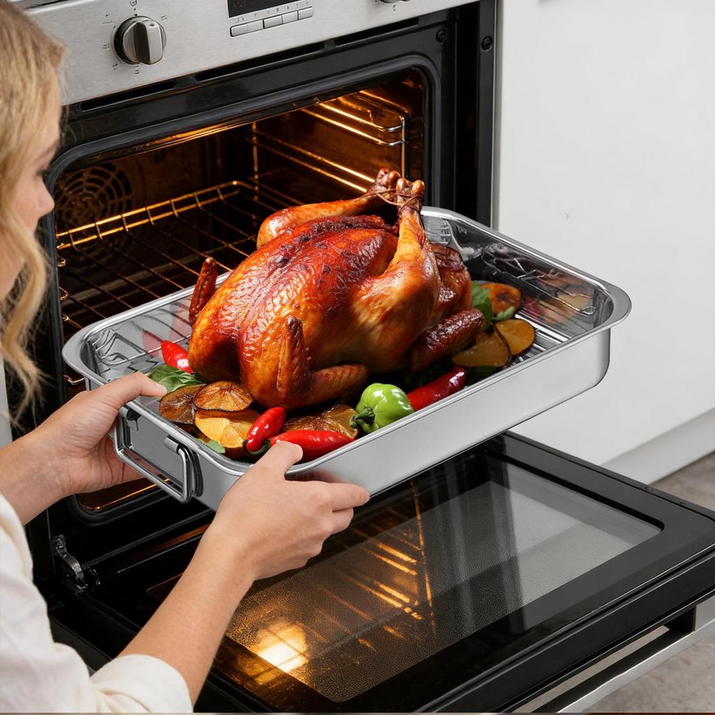 42cm Roasting Pan With Rack Stainless Steel Rectangular Baking Pan Cooking Utensils Chicken Roasting Tin Oven Baking Tray