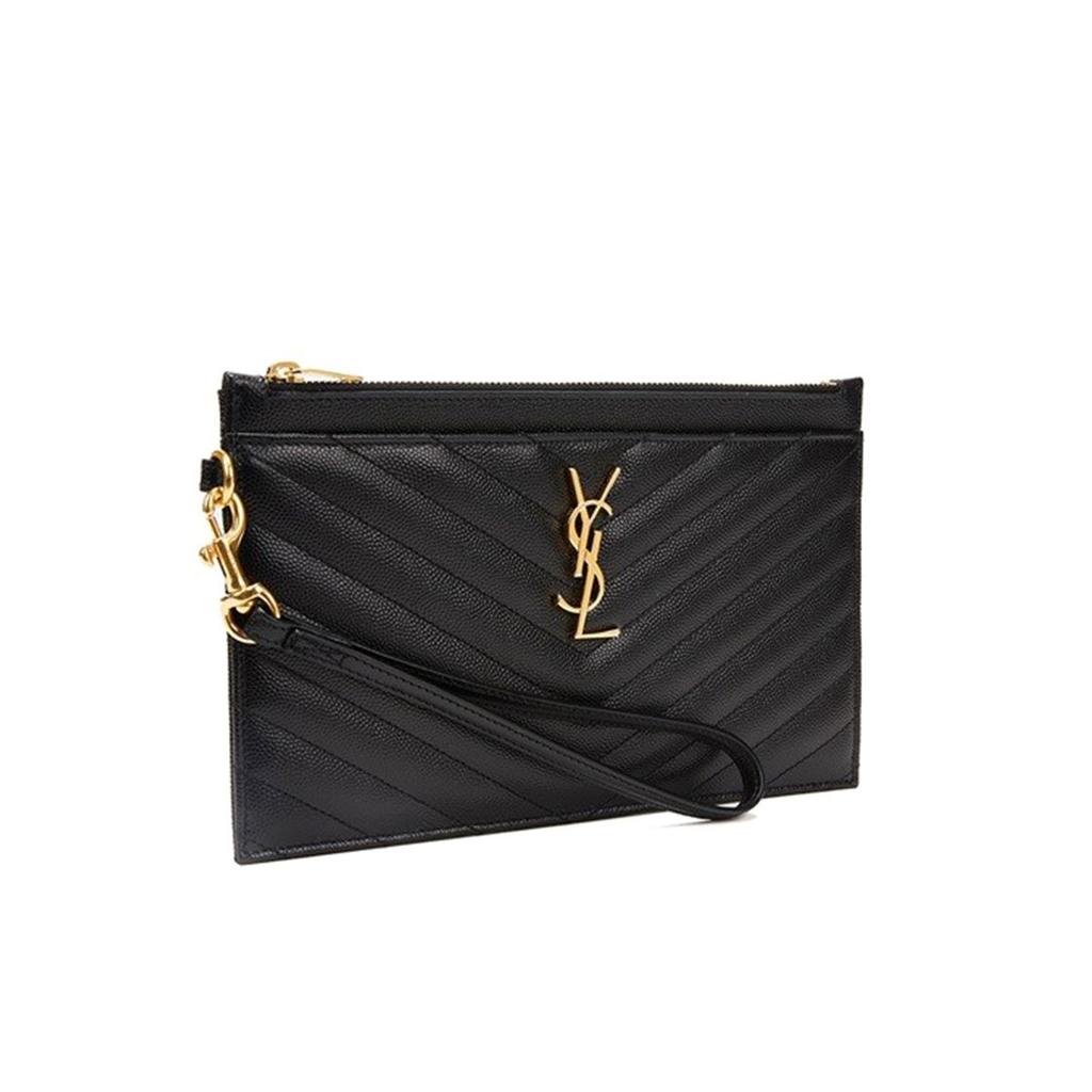 Saint Laurent Ysl Cassandre Grainy Gold Logo Leather Clutch Women clutch Black 636313-BOW01-1000