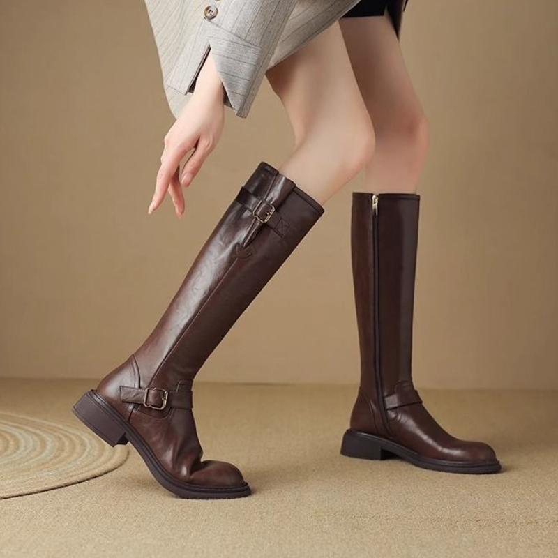 Autumn Winter Round Toe Leather Middle Heel Women'S Long Boots Y2K  Chic And Elegant Work Ladies Knee High Shaft Shoes