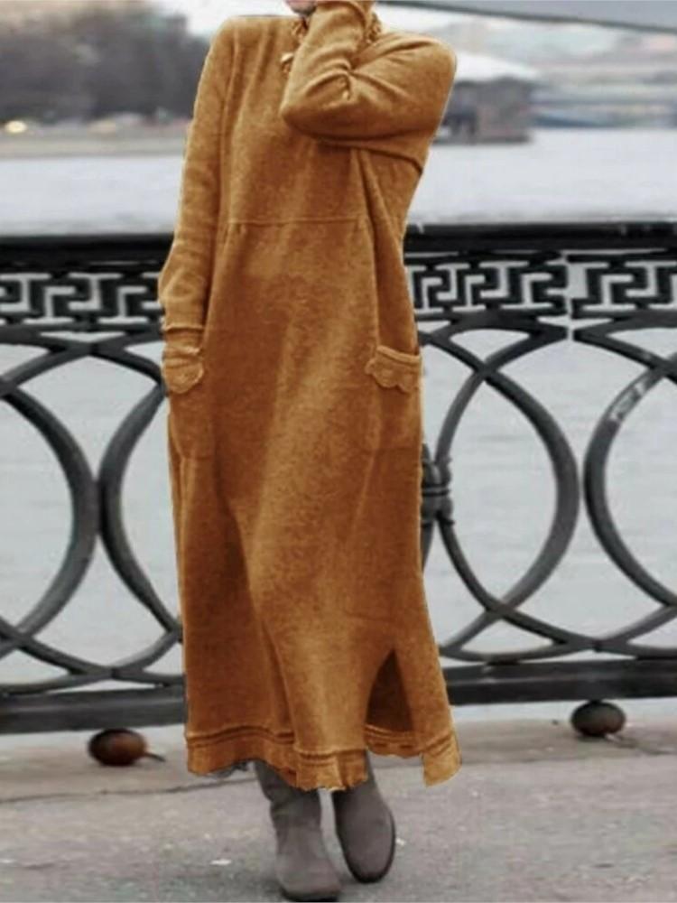 Yeni Sonbahar ve Kış Gevşek Uzun Etek Artı Kadife Sweatshirt Günlük Elbise Kadın Moda Düz O Yaka Uzun Kollu Tatil Elbisesi