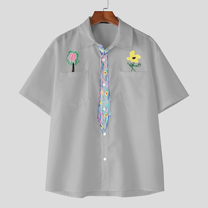 

INCERUN Мужские рубашки оверсайз с лацканами, коротким рукавом, на пуговицах, с мультяшным забавным принтом, повседневные свободные L серый