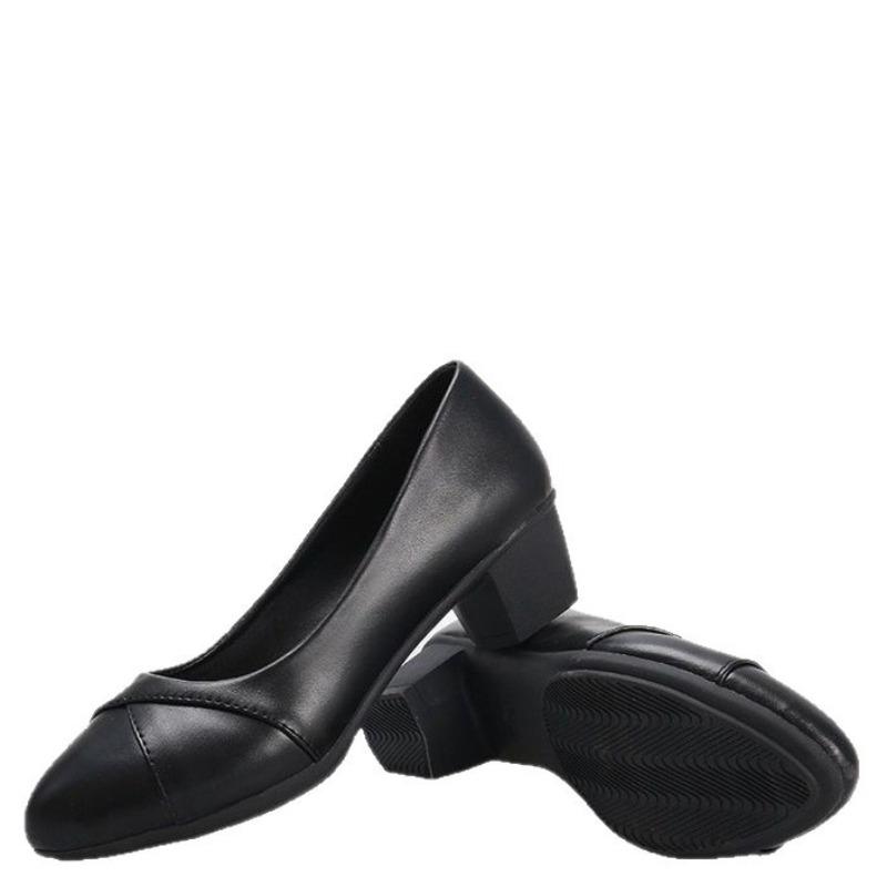 New Shallow Shoes Autumn Comfortable Low Heel Leather Shoes Comfortable Non-slip Medium Work Shoes Thick Heel