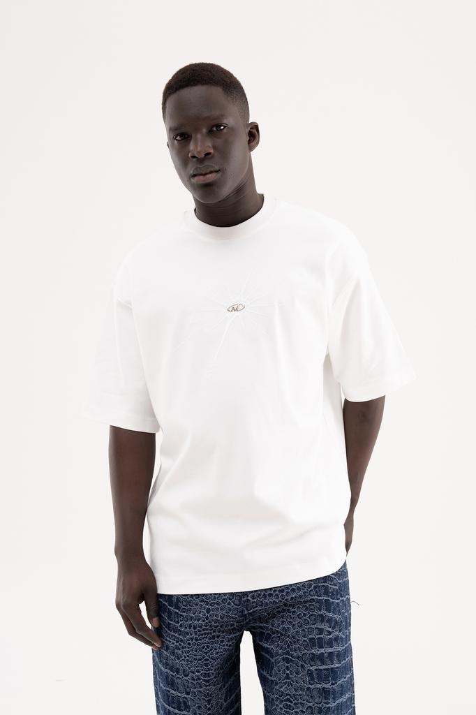 Men's Oversized T-shirt with Embroidered Metallic Logo – Interlock Machinist – Ecru S